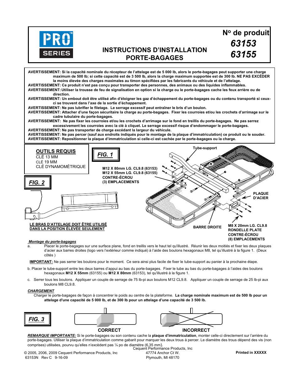 De produit, Instructions d’installation porte-bagages, Fig. 1 | Fig. 3, Fig. 2 | Draw-Tite 63153 CARGO CARRIER - FIXED 2 User Manual | Page 2 / 3