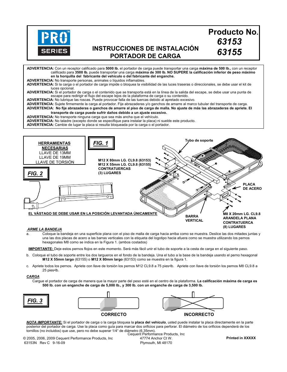 Producto no, Instrucciones de instalación portador de carga, Fig. 1 | Fig. 3, Fig. 2 | Draw-Tite 63153 CARGO CARRIER - FIXED 2 User Manual | Page 3 / 3