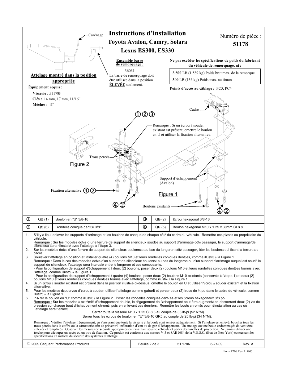 Instructions d’installation, Numéro de pièce | Pro Series 51178 51 Receiver User Manual | Page 2 / 3