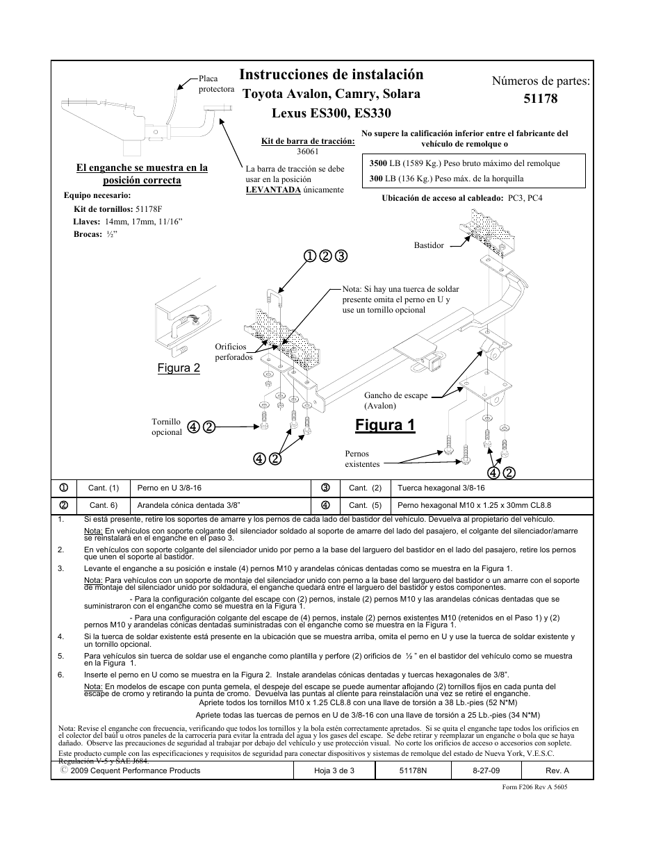 Instrucciones de instalación, Figura 1, Números de partes | Pro Series 51178 51 Receiver User Manual | Page 3 / 3