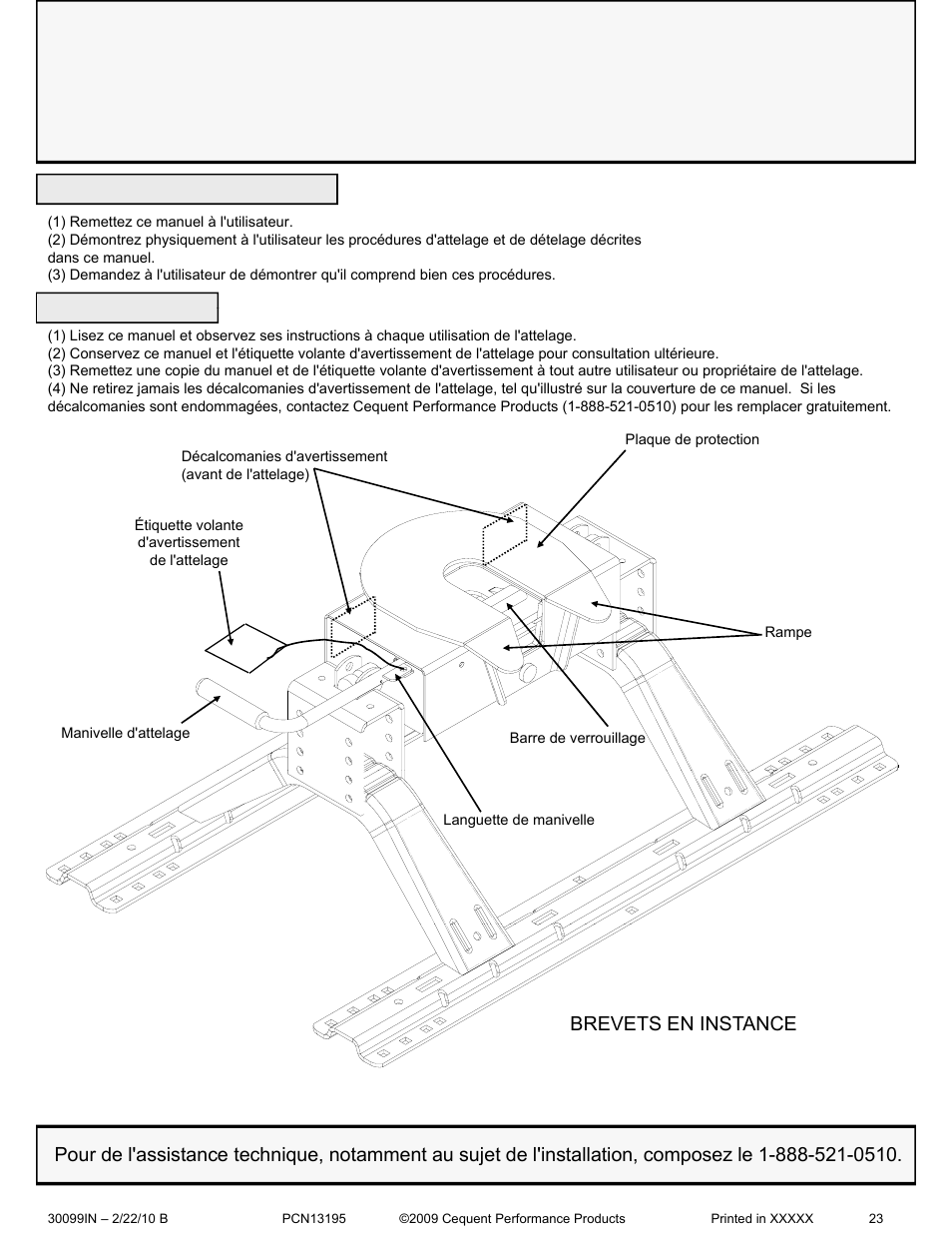 Manuel d'instructions attelage à sellette 15k, Brevets en instance | Pro Series 30099 15K FIFTH WHEEL User Manual | Page 23 / 33