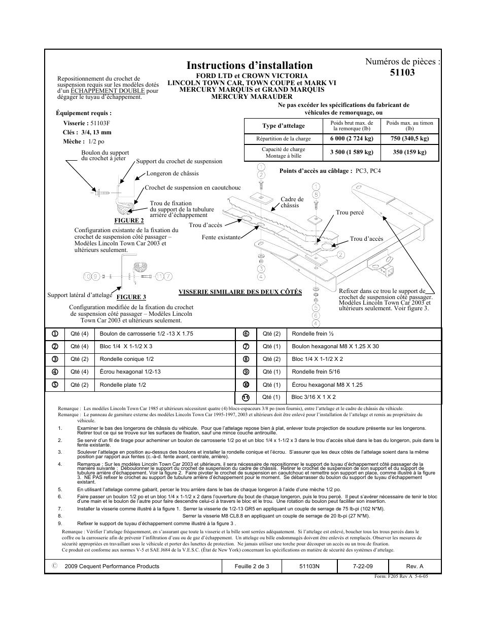 Instructions d’installation, Numéros de pièces | Pro Series 51103 51 Receiver User Manual | Page 2 / 3