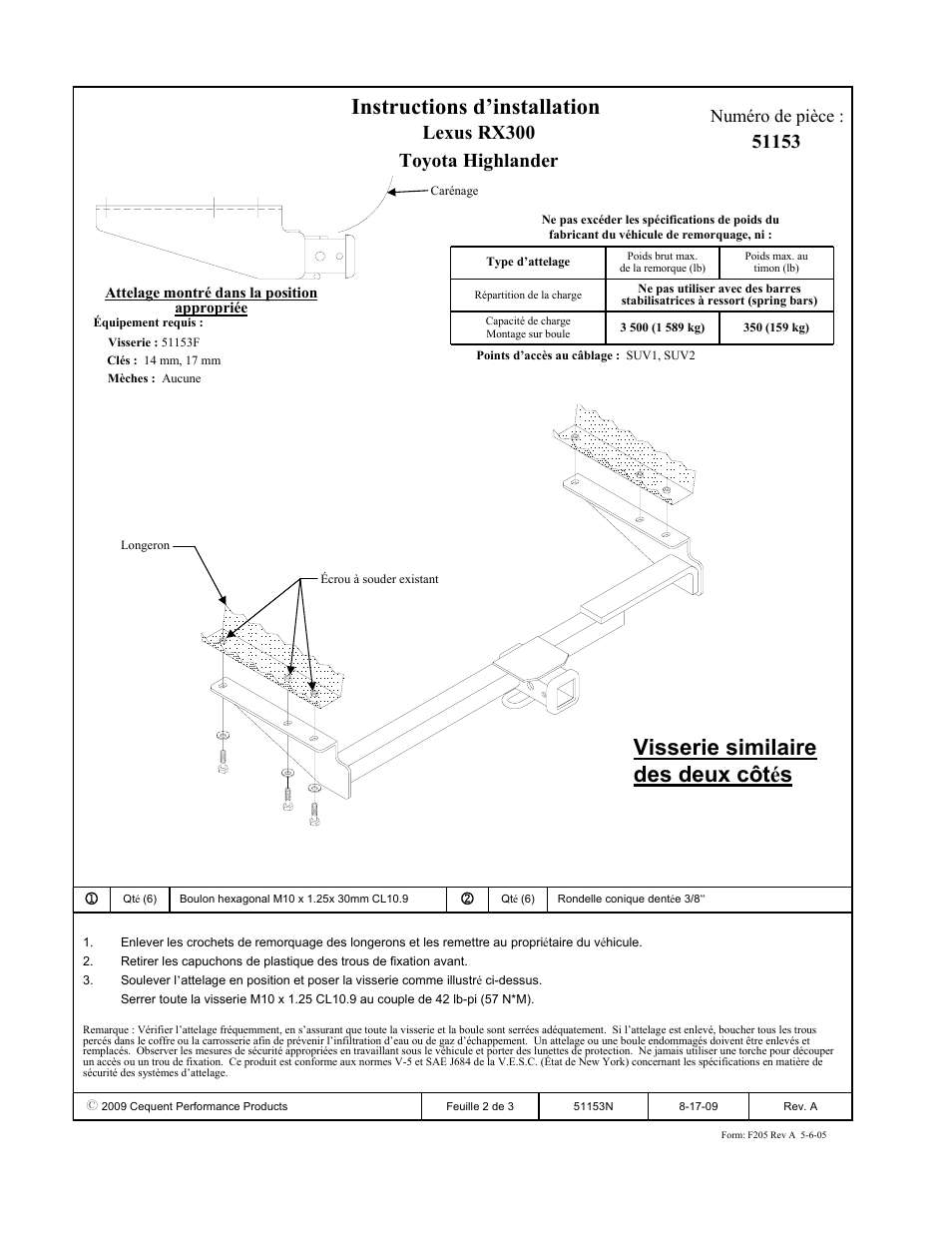 Instructions d’installation, Visserie similaire des deux côtés, Lexus rx300 toyota highlander | Numéro de pièce | Pro Series 51153 51 Receiver User Manual | Page 2 / 3