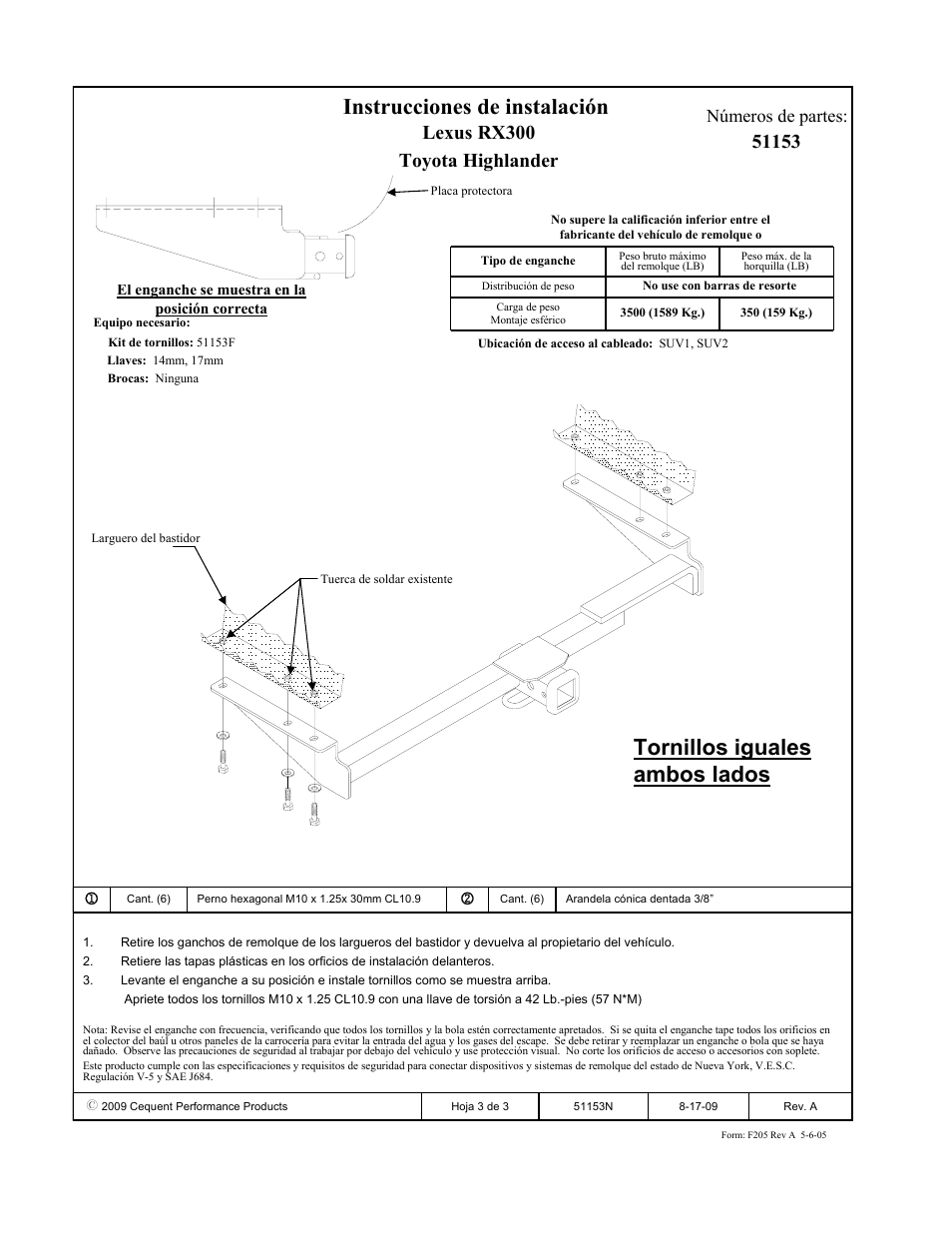 Instrucciones de instalación, Tornillos iguales ambos lados, Lexus rx300 toyota highlander | Números de partes | Pro Series 51153 51 Receiver User Manual | Page 3 / 3