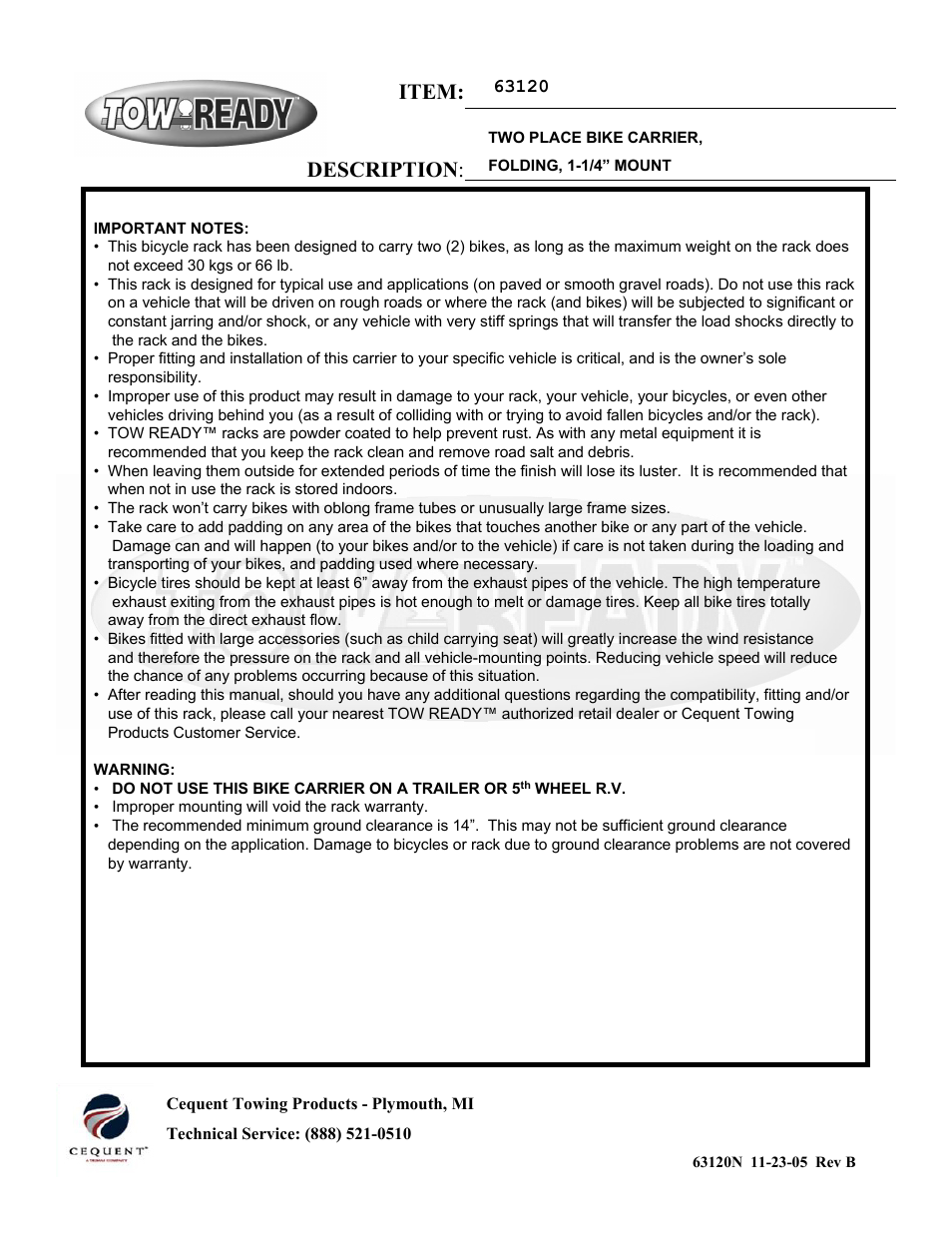 Item: description | Draw-Tite 63120 BIKE CARRIERS User Manual | Page 2 / 6