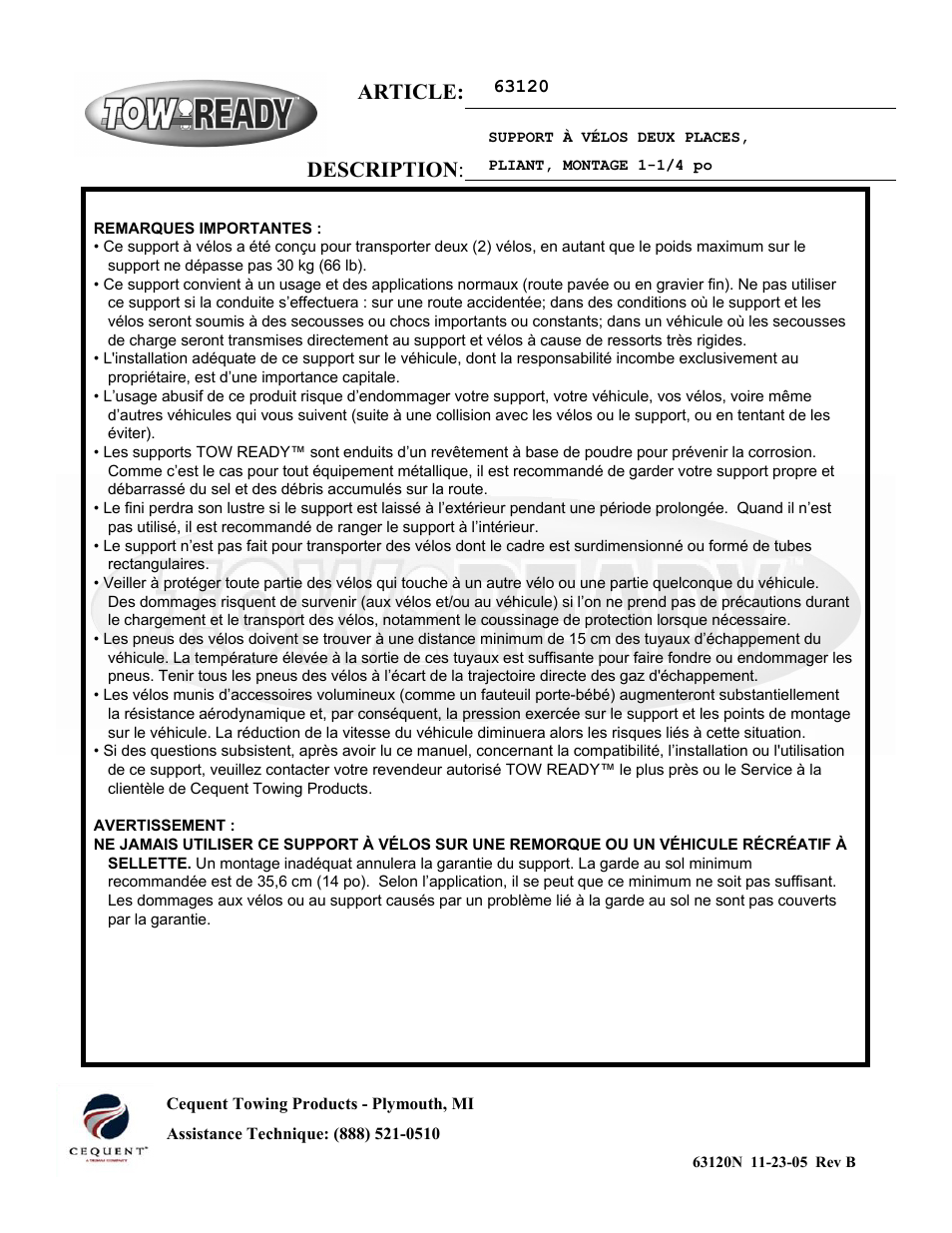 Article: description | Draw-Tite 63120 BIKE CARRIERS User Manual | Page 4 / 6