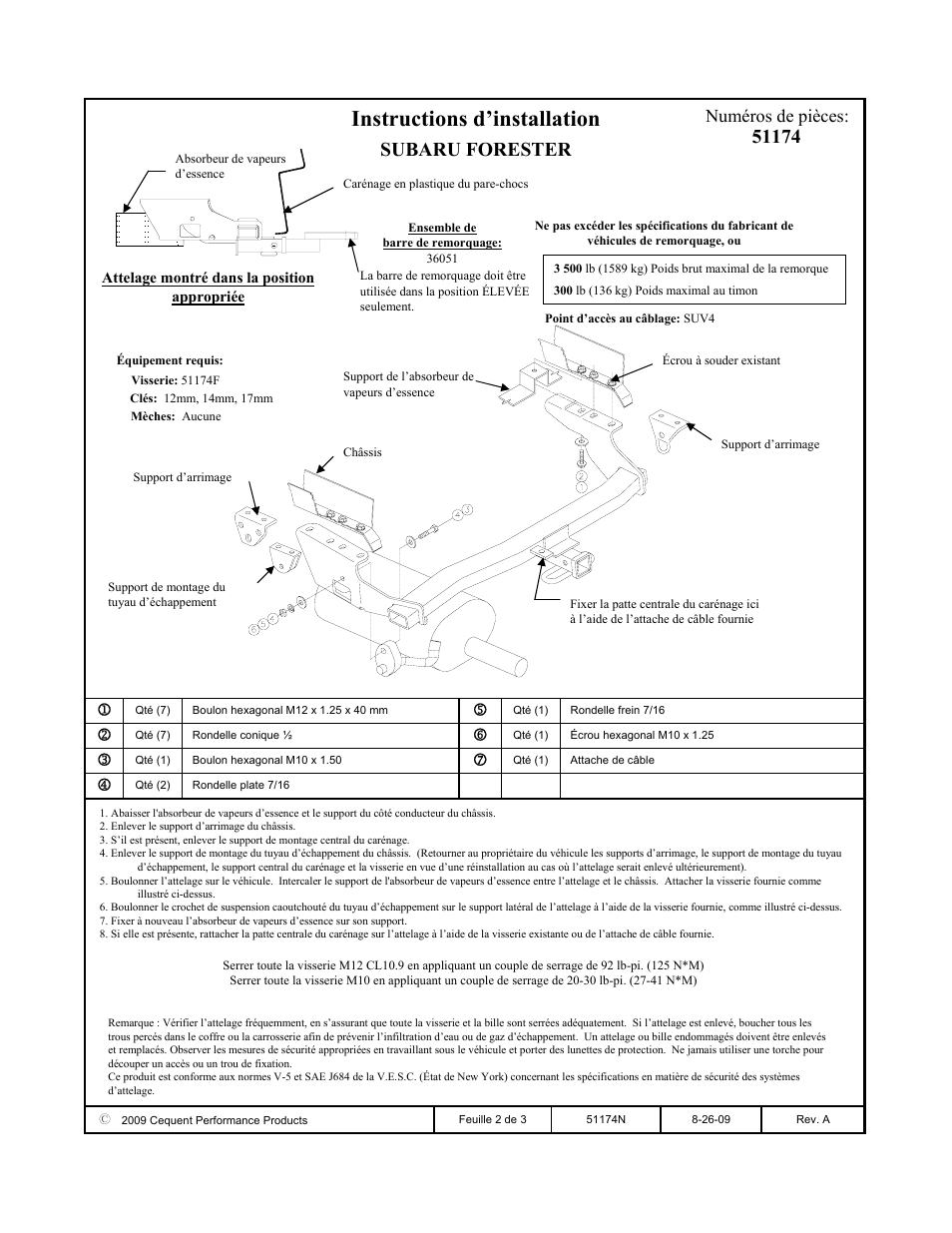 Instructions d’installation, Subaru forester, Numéros de pièces | Pro Series 51174 51 Receiver User Manual | Page 2 / 3