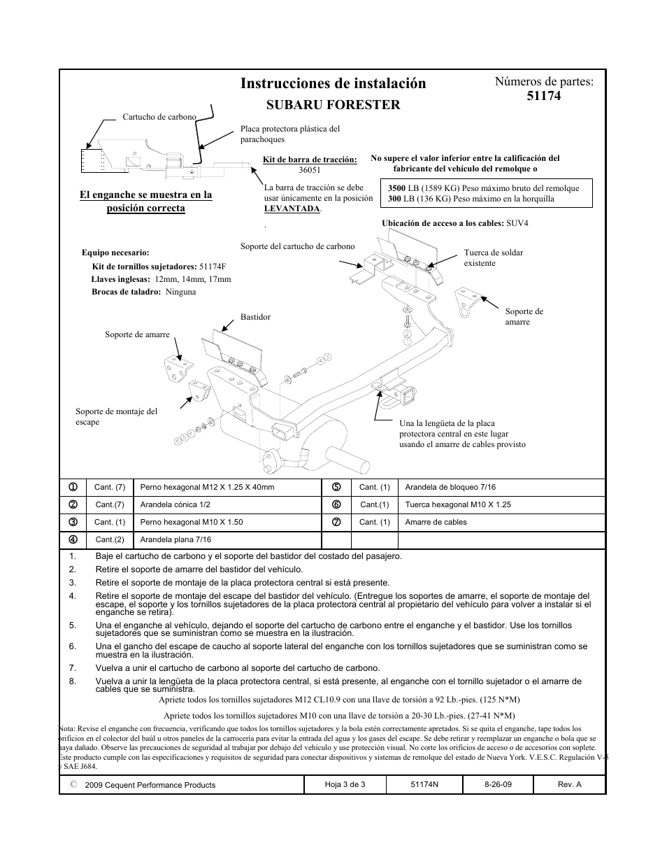 Instrucciones de instalación, Subaru forester, Números de partes | Pro Series 51174 51 Receiver User Manual | Page 3 / 3