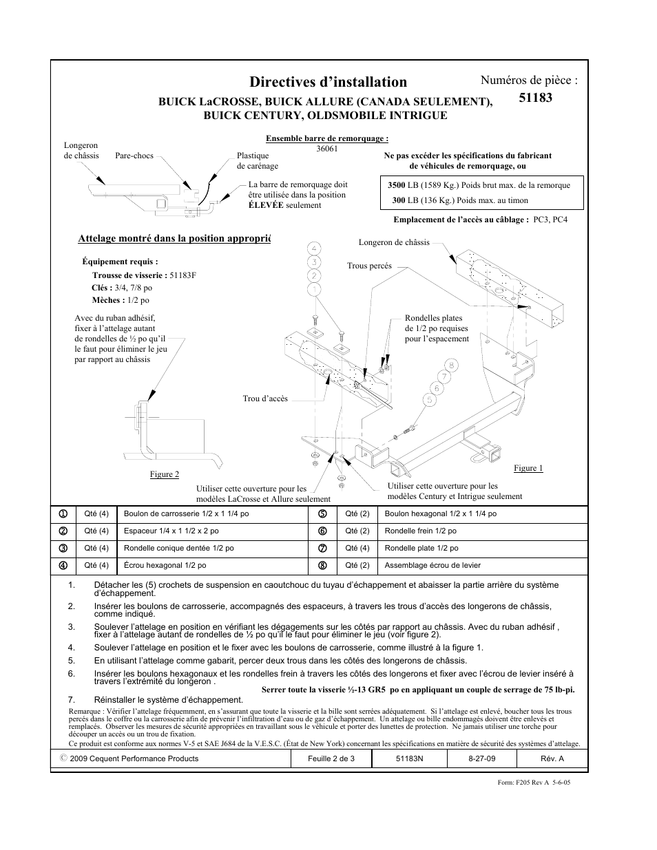 Directives d’installation, Numéros de pièce | Pro Series 51183 51 Receiver User Manual | Page 2 / 3