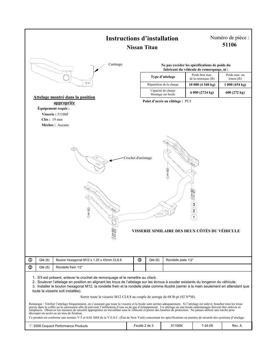 Instructions d’installation, Nissan titan, Numéro de pièce | Pro Series 51106 51 Receiver User Manual | Page 2 / 3