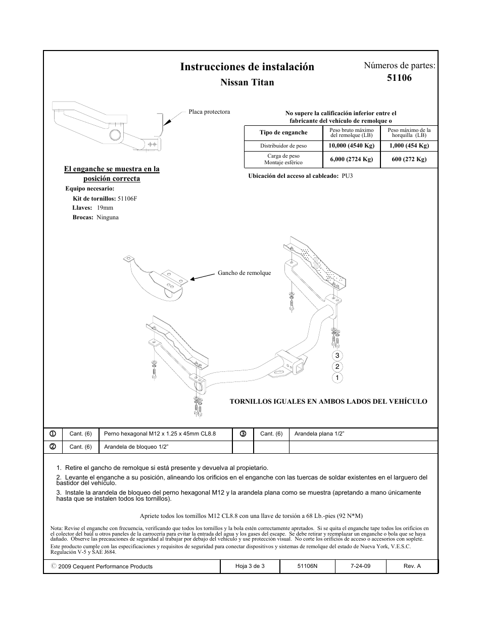 Instrucciones de instalación, Nissan titan, Números de partes | Pro Series 51106 51 Receiver User Manual | Page 3 / 3