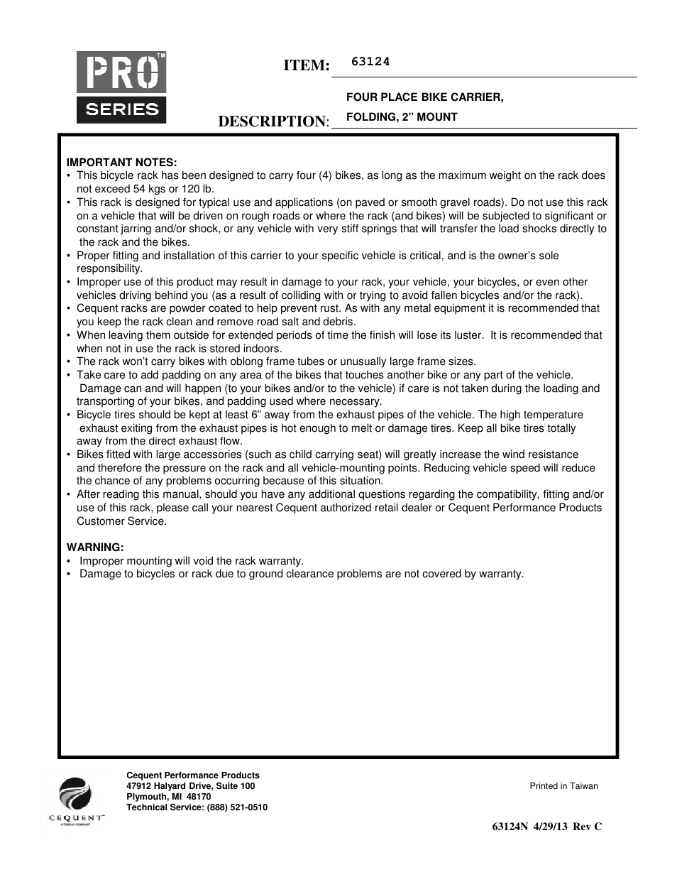 Item: description | Pro Series 63124 BIKE CARRIERS User Manual | Page 2 / 6
