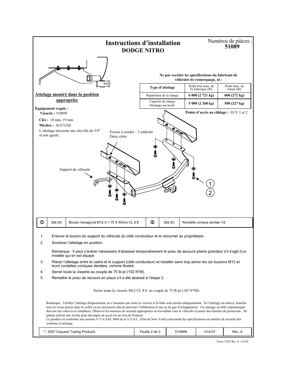 Instructions d’installation, Dodge nitro, Numéros de pièces | Pro Series 51089 51 Receiver User Manual | Page 2 / 3