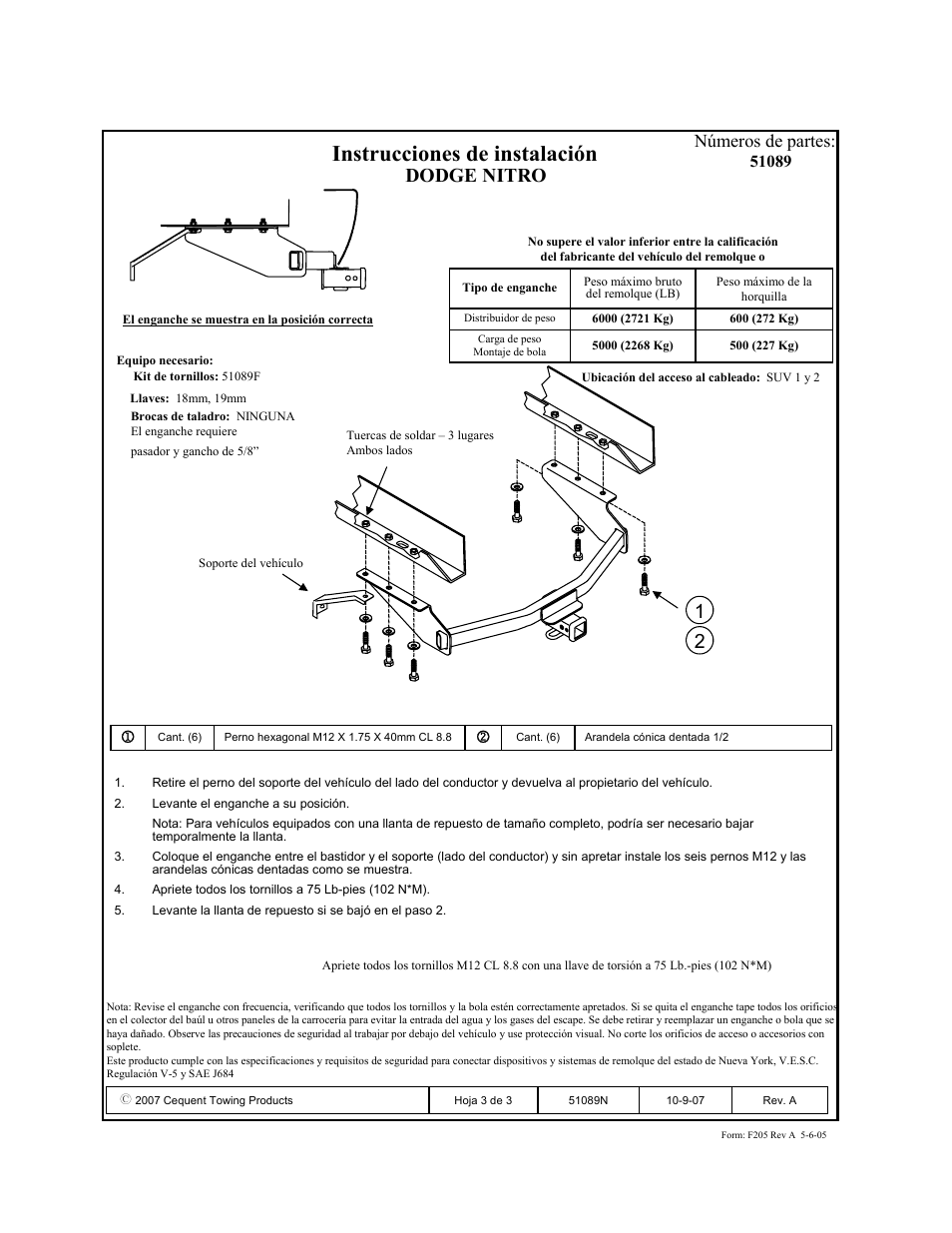 Instrucciones de instalación, Dodge nitro, Números de partes | Pro Series 51089 51 Receiver User Manual | Page 3 / 3