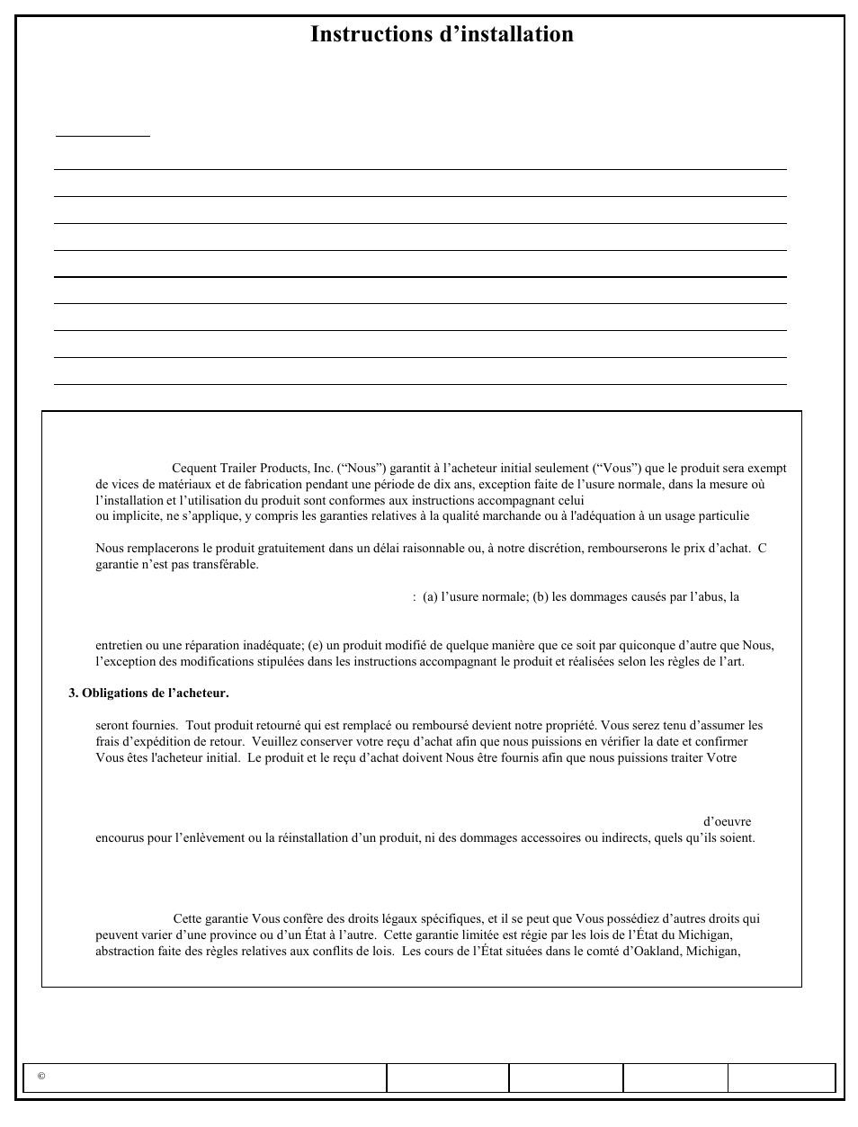 Instructions d’installation, Numéros de pièce | Pro Series 49583 ROUND BAR WD User Manual | Page 18 / 18
