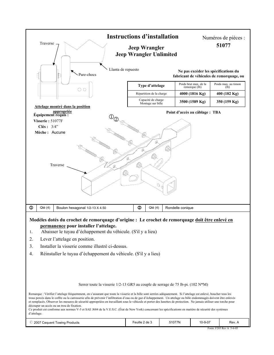 Instructions d’installation, Numéros de pièces | Pro Series 51077 51 Receiver User Manual | Page 2 / 3