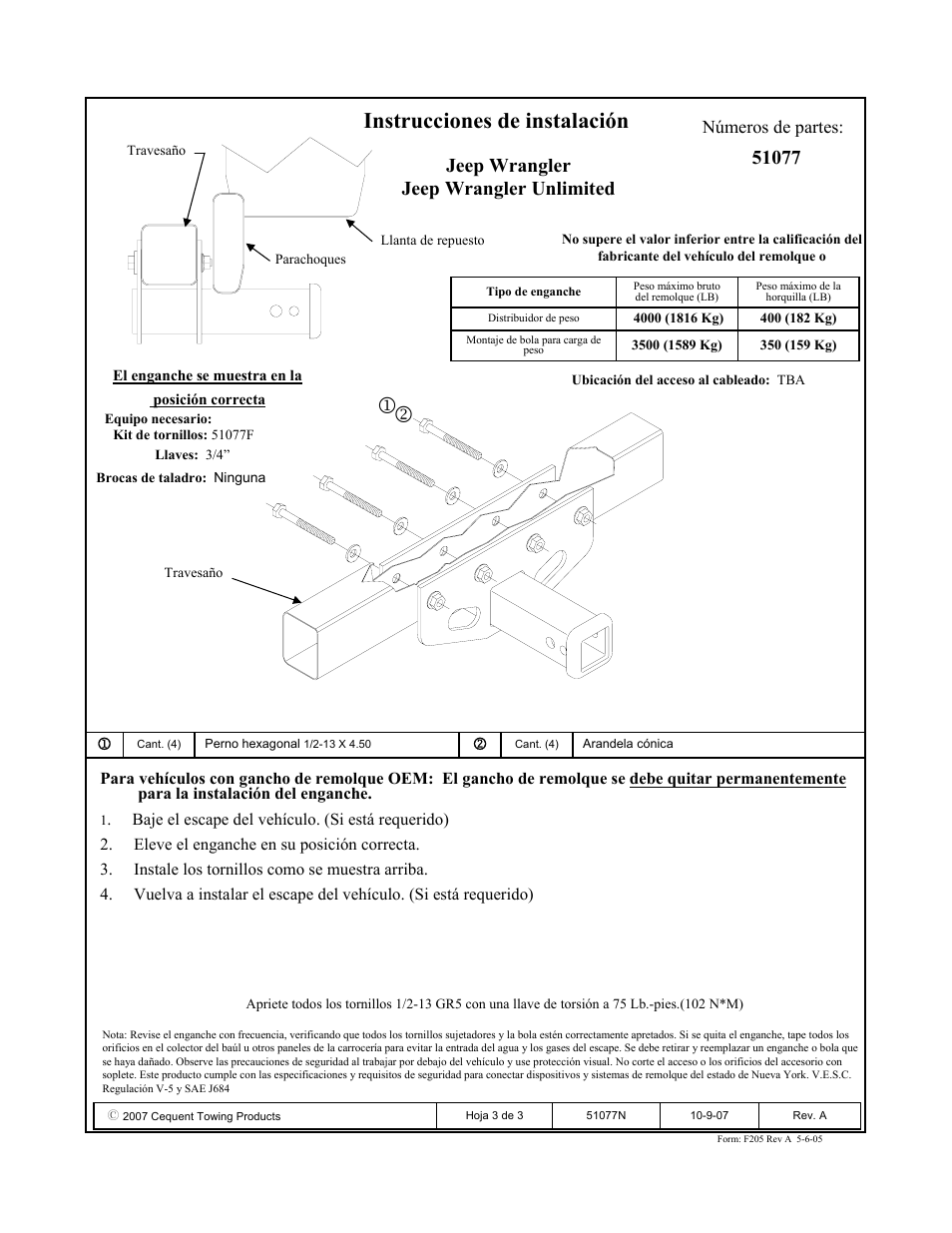 Instrucciones de instalación, Números de partes | Pro Series 51077 51 Receiver User Manual | Page 3 / 3