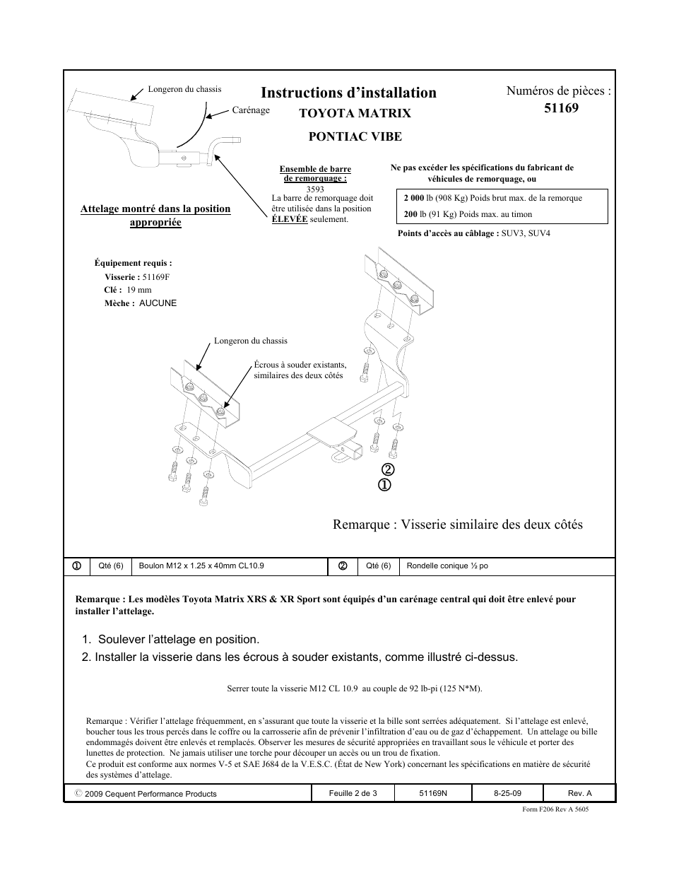 Instructions d’installation, Remarque : visserie similaire des deux côtés, Toyota matrix pontiac vibe numéros de pièces | Pro Series 51169 51 Receiver User Manual | Page 2 / 3