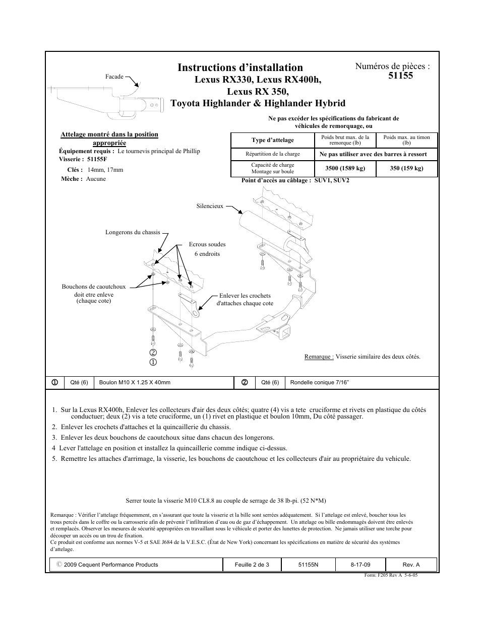 Instructions d’installation, Numéros de pièces | Pro Series 51155 51 Receiver User Manual | Page 2 / 3