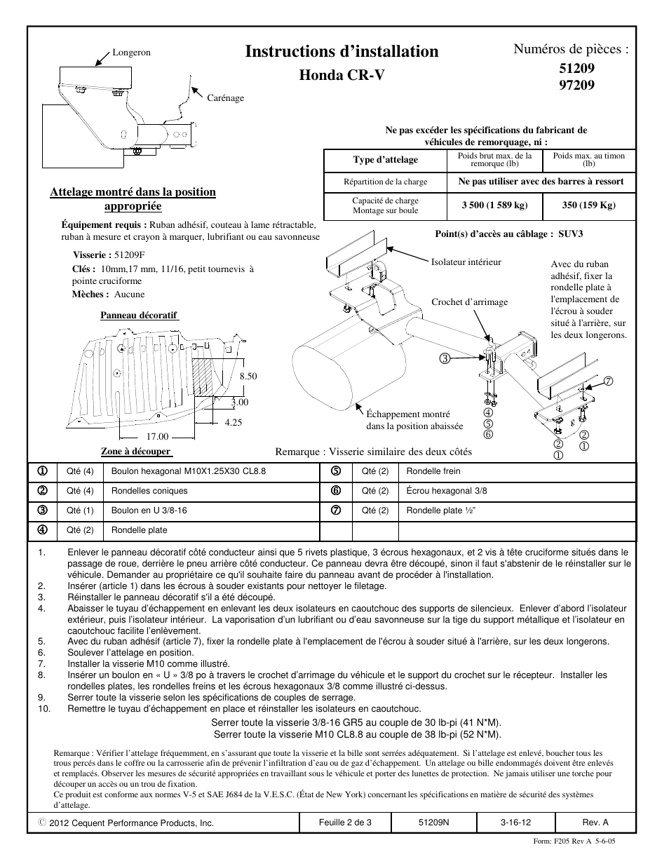 Instructions d’installation, Honda cr-v, Numéros de pièces | Pro Series 97209 51 Receiver User Manual | Page 2 / 3