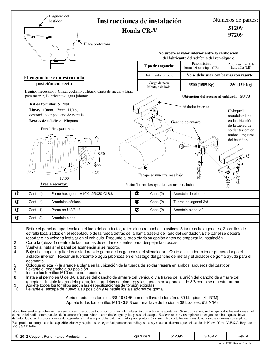 Instrucciones de instalación, Honda cr-v, Números de partes | Pro Series 97209 51 Receiver User Manual | Page 3 / 3