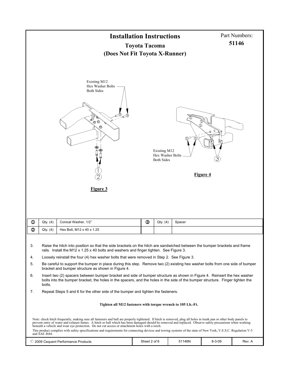 Installation instructions, Toyota tacoma (does not fit toyota x-runner), Part numbers | Pro Series 51146 51 Receiver User Manual | Page 2 / 6