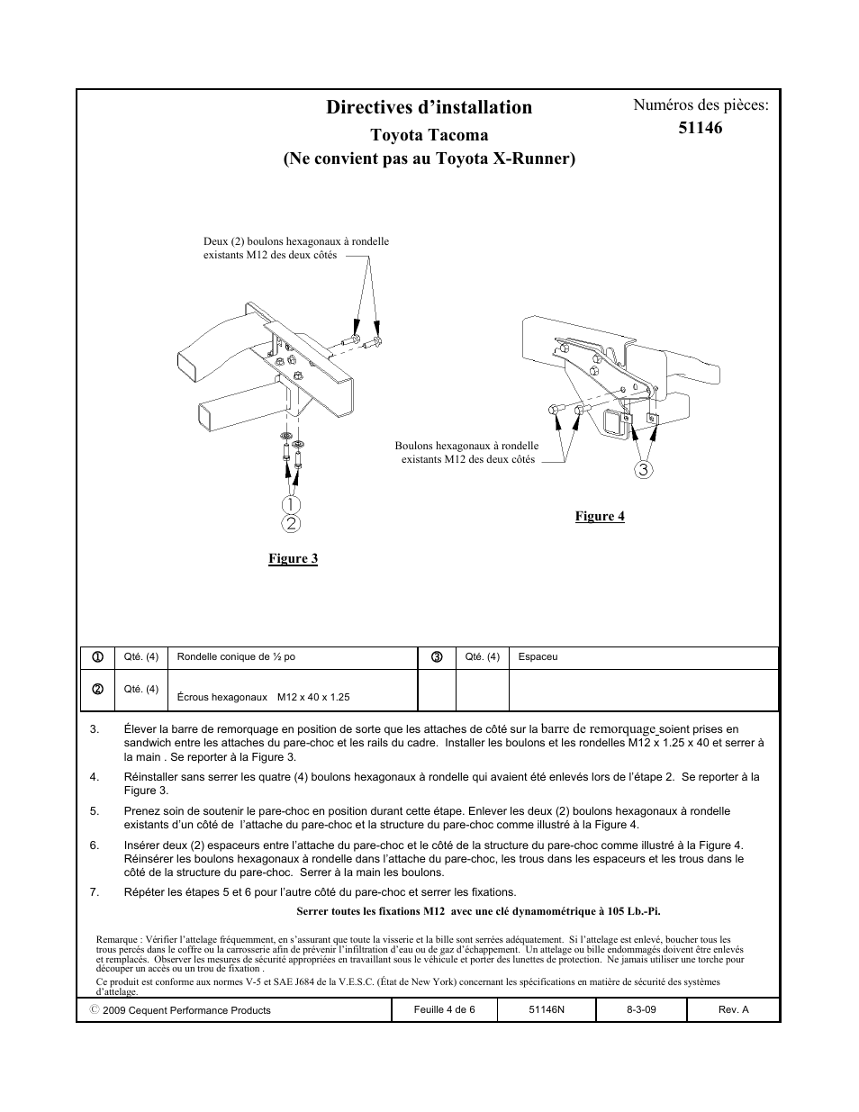 Directives d’installation, Toyota tacoma (ne convient pas au toyota x-runner), Numéros des pièces | Pro Series 51146 51 Receiver User Manual | Page 4 / 6