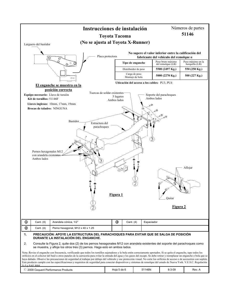 Instrucciones de instalación, Toyota tacoma (no se ajusta al toyota x-runner), Números de partes | Pro Series 51146 51 Receiver User Manual | Page 5 / 6