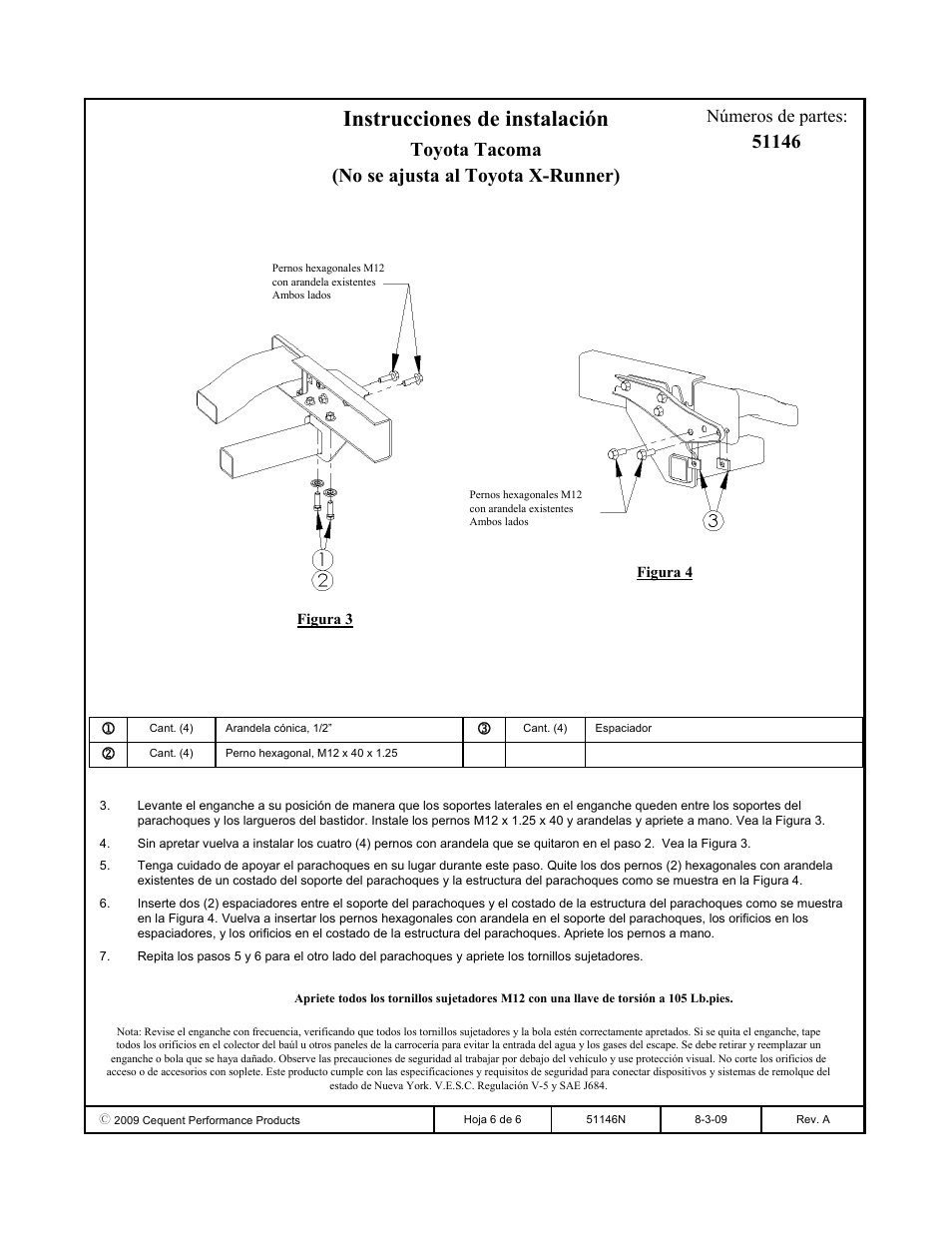Instrucciones de instalación, Toyota tacoma (no se ajusta al toyota x-runner), Números de partes | Pro Series 51146 51 Receiver User Manual | Page 6 / 6