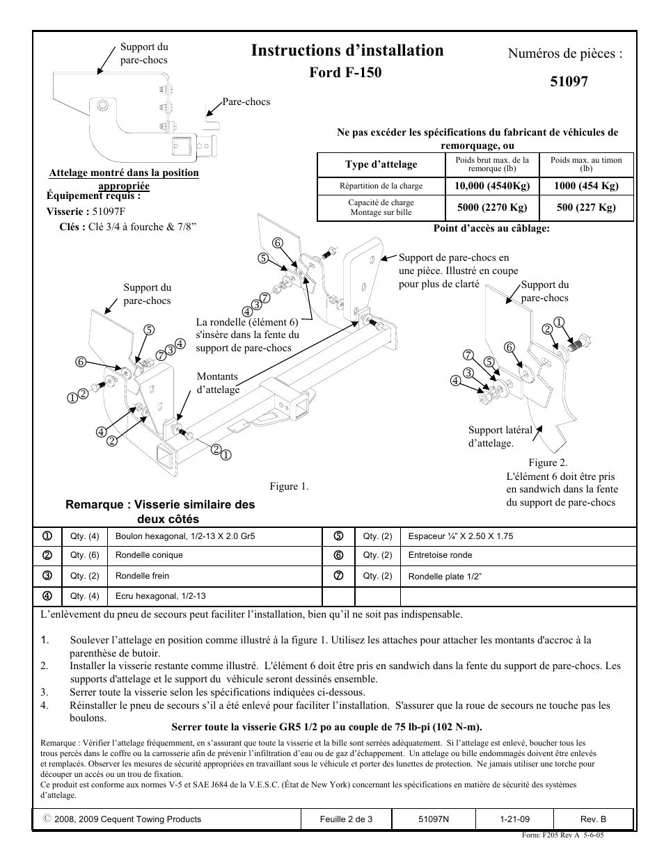 Instructions d’installation, Ford f-150, Numéros de pièces | Pro Series 51097 51 Receiver User Manual | Page 2 / 3