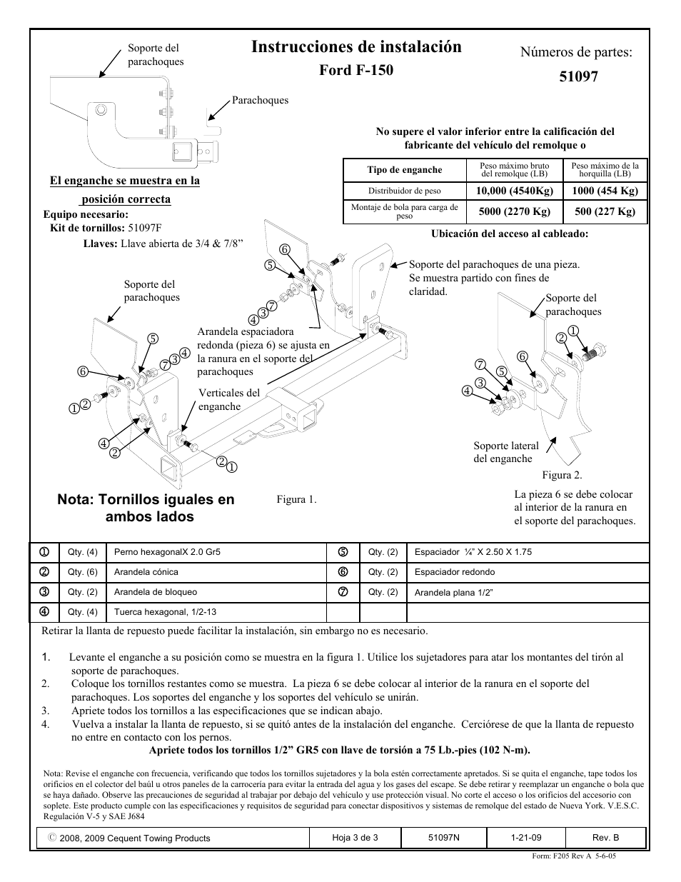Instrucciones de instalación, Ford f-150, Números de partes | Nota: tornillos iguales en ambos lados | Pro Series 51097 51 Receiver User Manual | Page 3 / 3