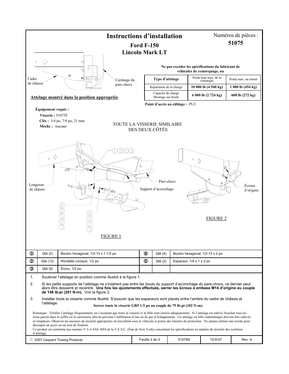 Instructions d’installation, Ford f-150 lincoln mark lt, Numéros de pièces | Pro Series 51075 51 Receiver User Manual | Page 2 / 3