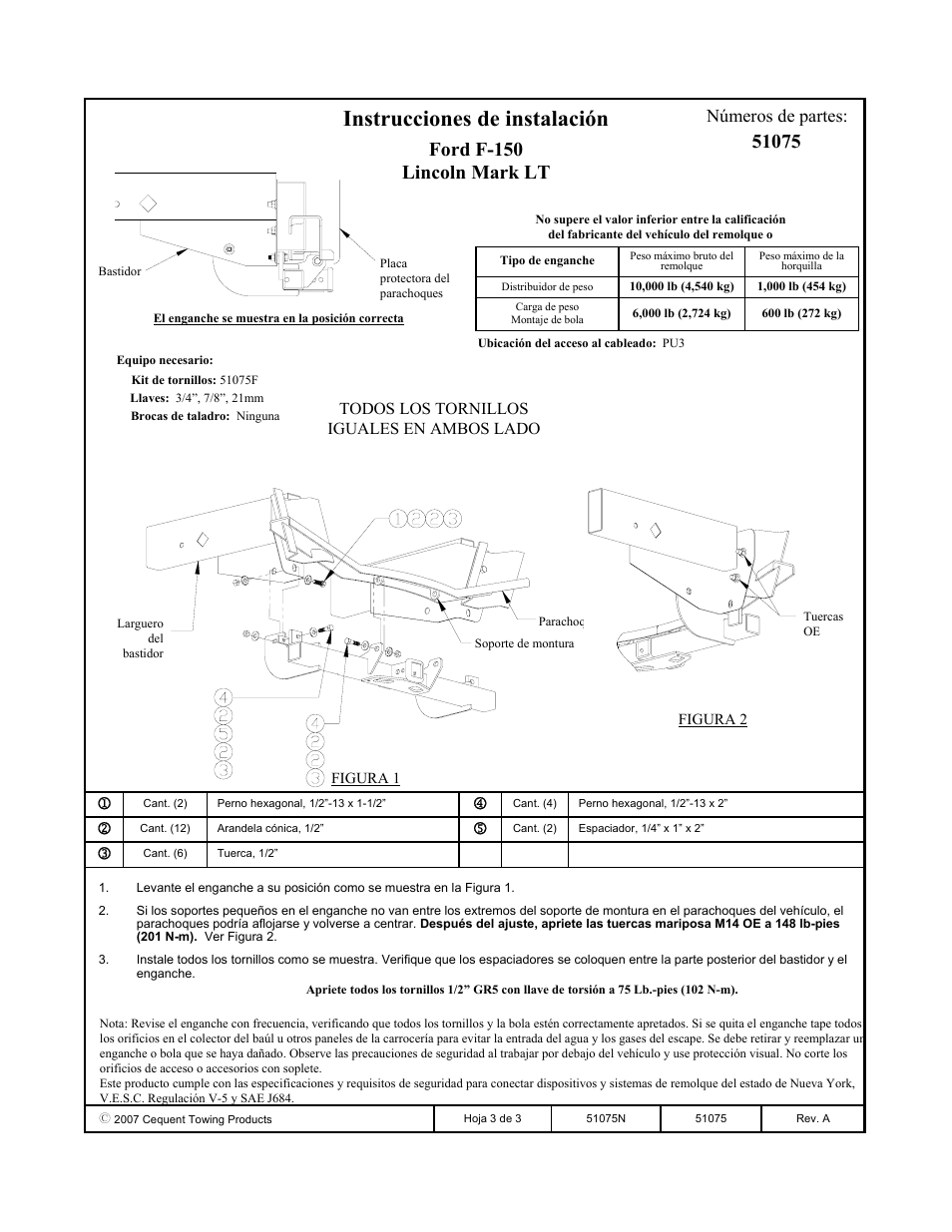 Instrucciones de instalación, Ford f-150 lincoln mark lt, Números de partes | Pro Series 51075 51 Receiver User Manual | Page 3 / 3
