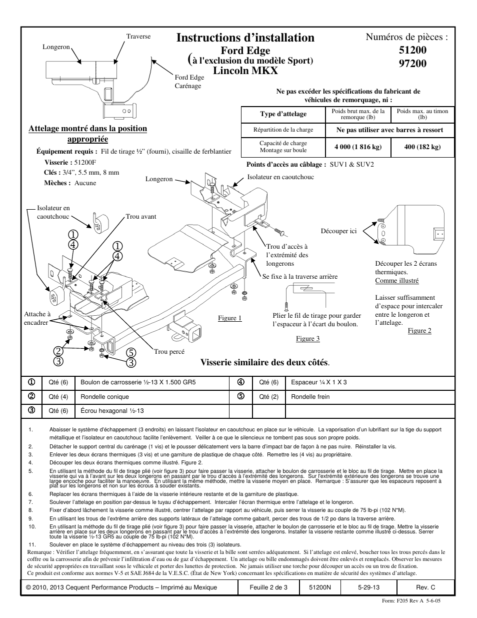 Instructions d’installation, Ford edge lincoln mkx, Numéros de pièces | Pro Series 97200 51 Receiver User Manual | Page 2 / 3