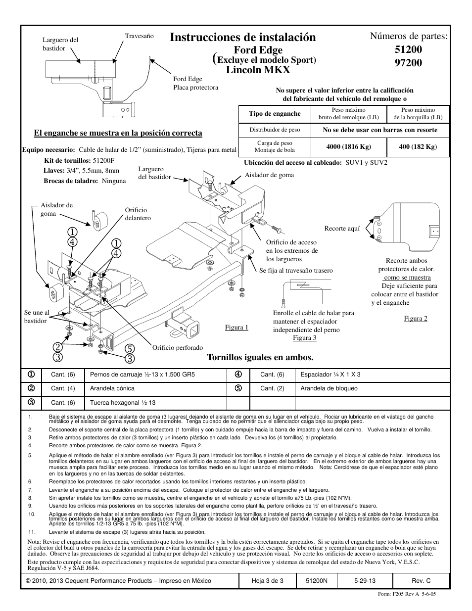 Instrucciones de instalación, Ford edge lincoln mkx, Números de partes | Pro Series 97200 51 Receiver User Manual | Page 3 / 3