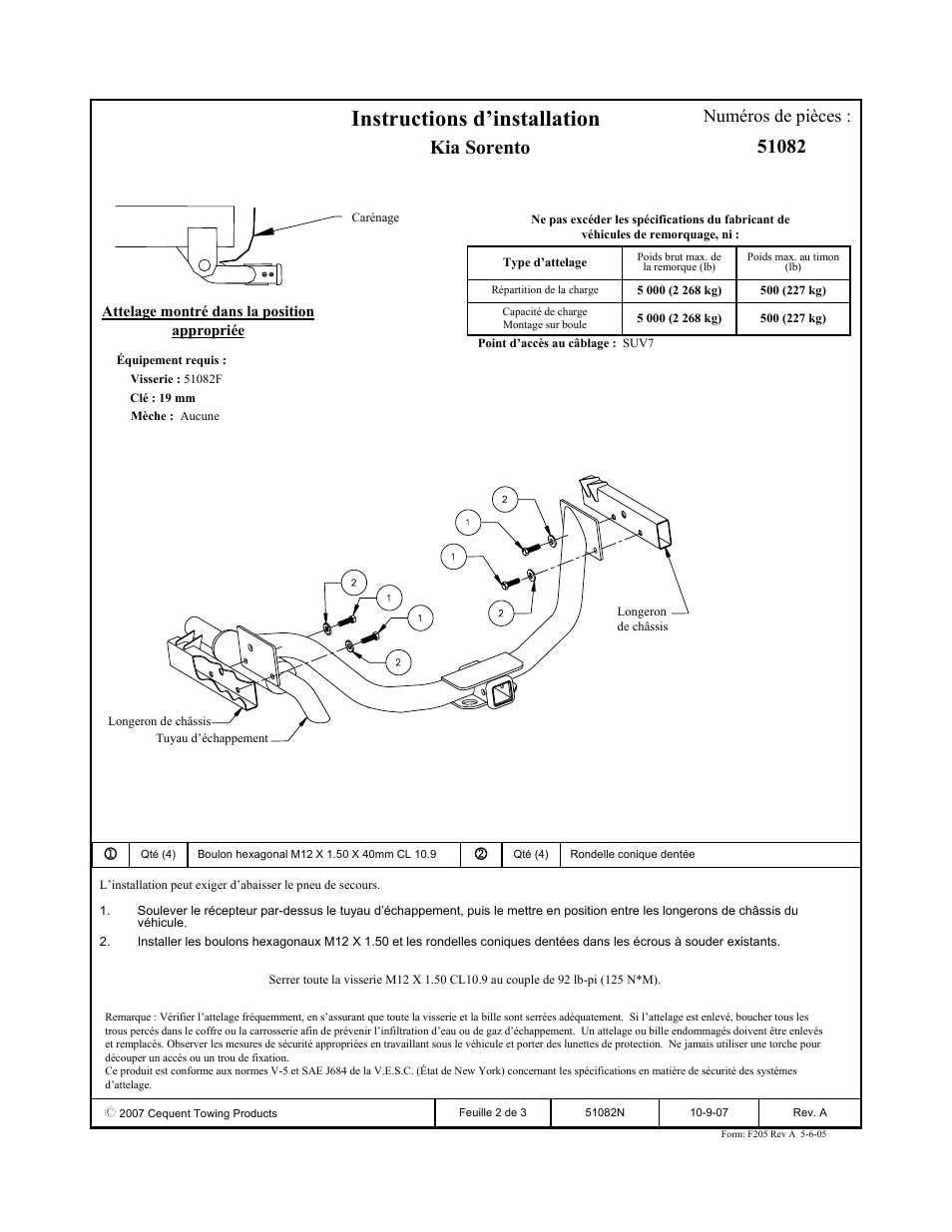 Instructions d’installation, Kia sorento, Numéros de pièces | Pro Series 51082 51 Receiver User Manual | Page 2 / 3