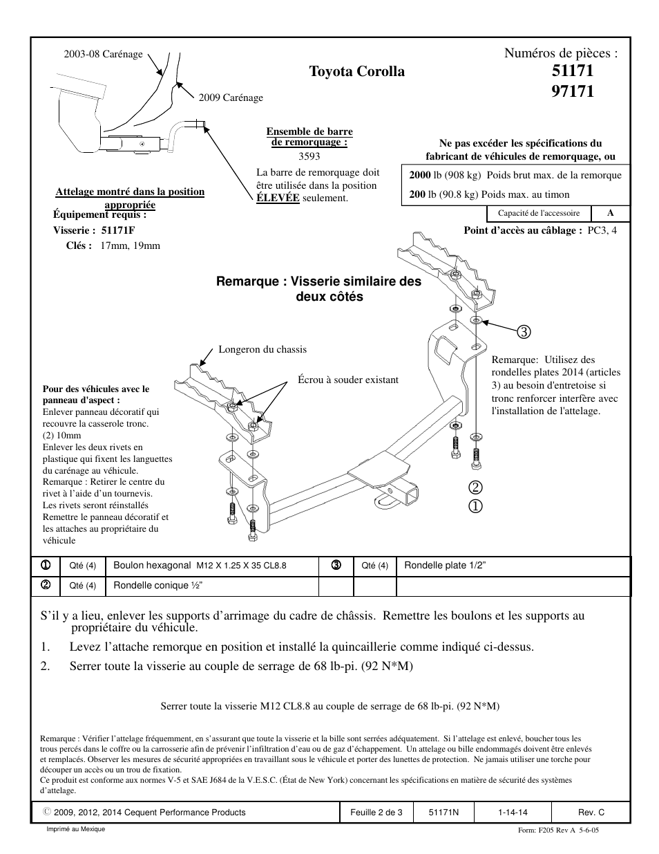 Toyota corolla, Numéros de pièces | Pro Series 97171 51 Receiver User Manual | Page 2 / 3