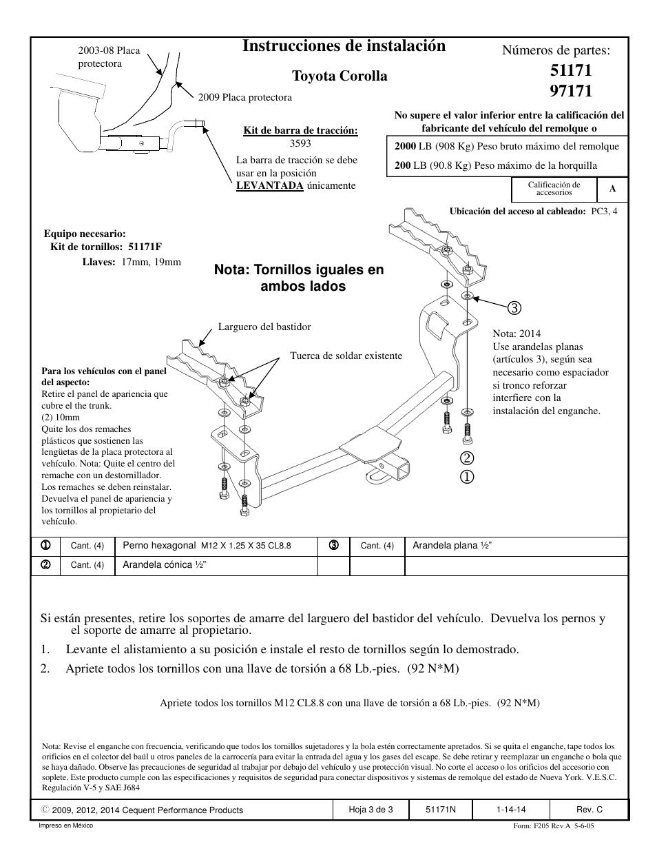 Instrucciones de instalación, Toyota corolla, Números de partes | Nota: tornillos iguales en ambos lados | Pro Series 97171 51 Receiver User Manual | Page 3 / 3
