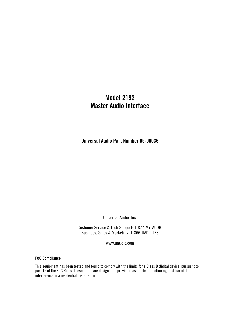 Universal Audio 2192 Master Audio Interface User Manual | 55 pages
