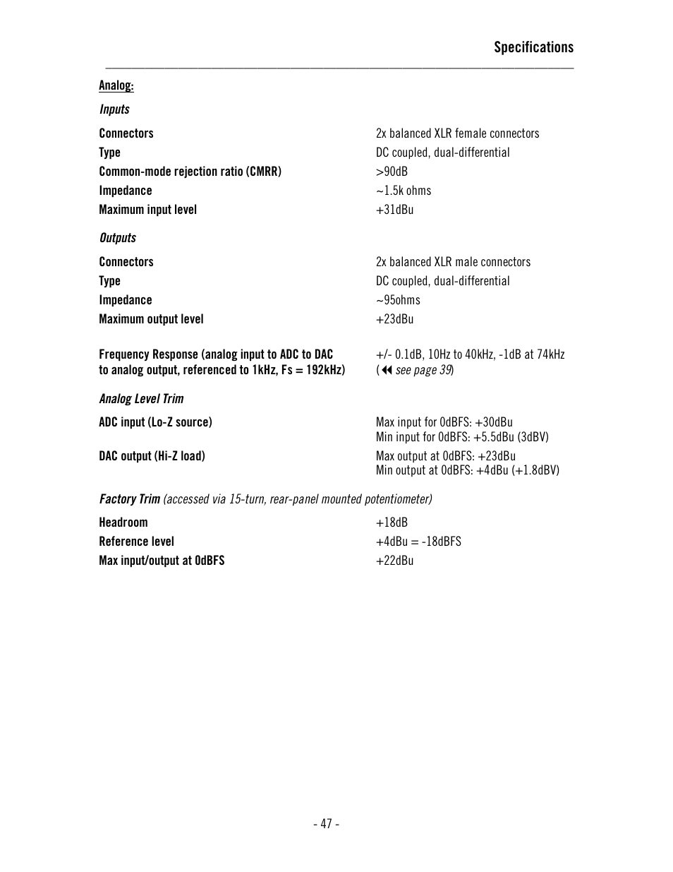 Specifications | Universal Audio 2192 Master Audio Interface User Manual | Page 51 / 55