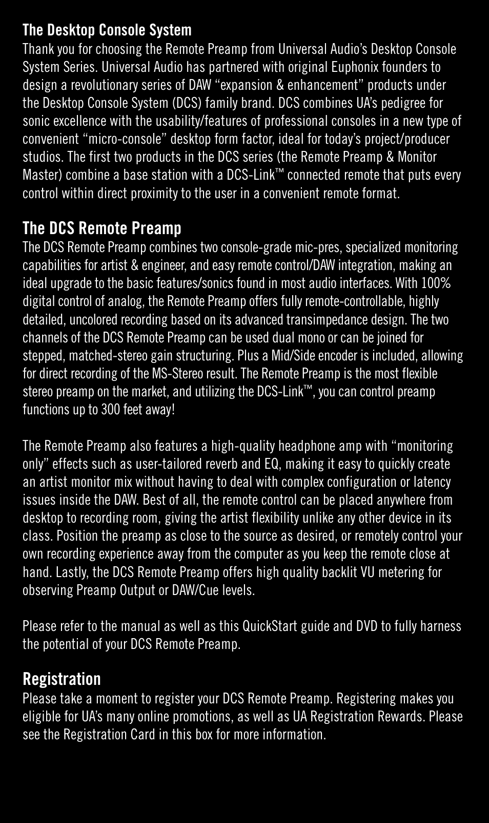The dcs remote preamp, Registration | Universal Audio DCS-RP Quick Start User Manual | Page 2 / 8