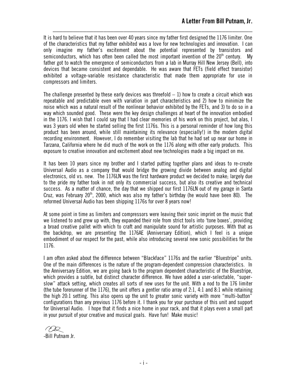 A letter from bill putnam, jr | Universal Audio 1176AE User Manual | Page 4 / 39