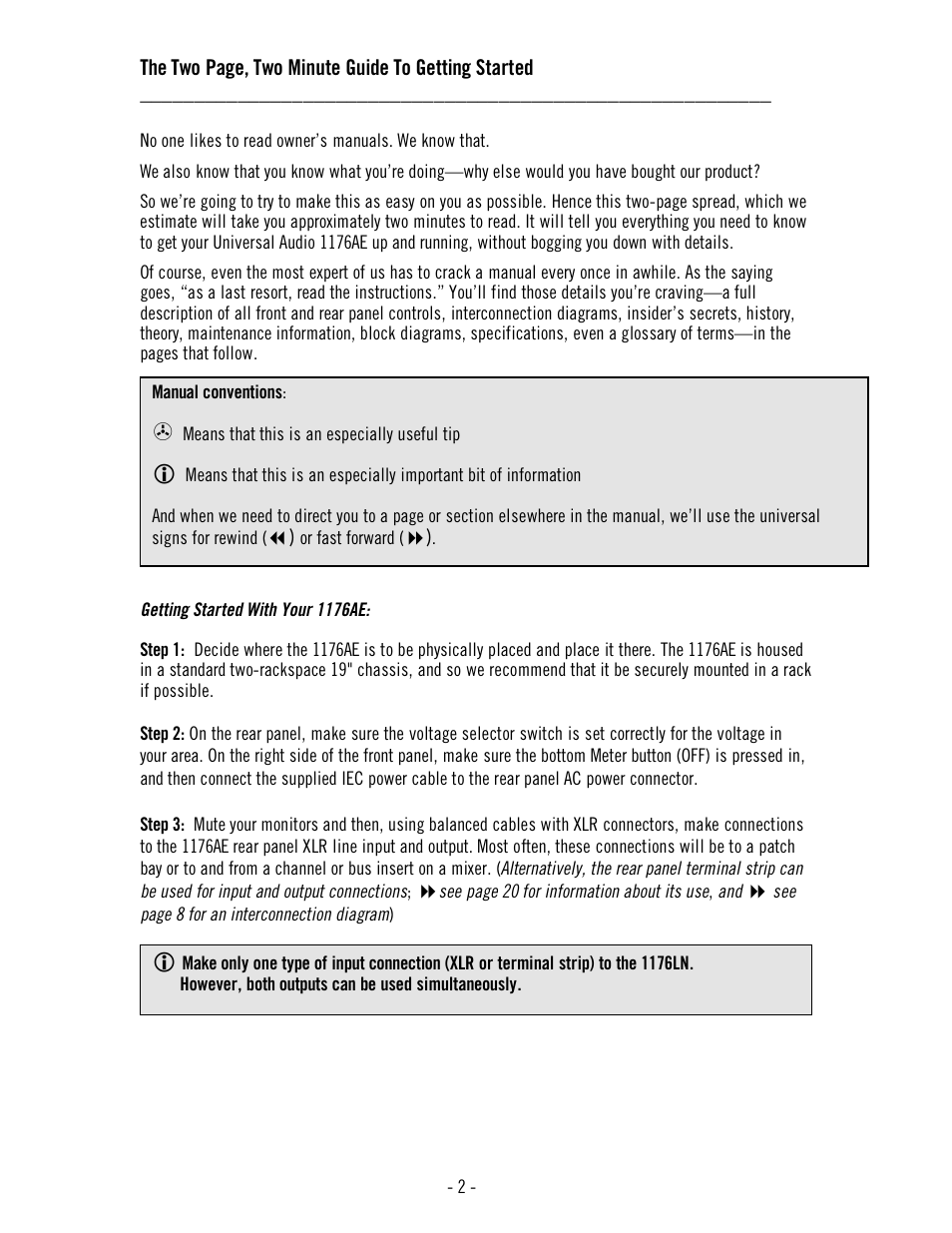 The two page, two minute guide to getting started | Universal Audio 1176AE User Manual | Page 7 / 39