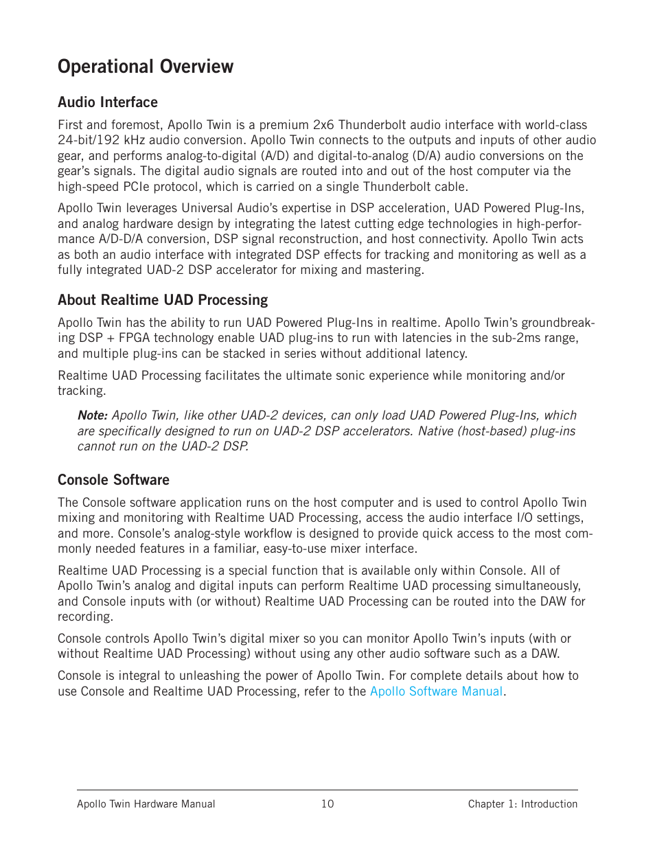 Operational overview, Audio interface, About realtime uad processing | Console software | Universal Audio Apollo Twin User Manual | Page 10 / 46
