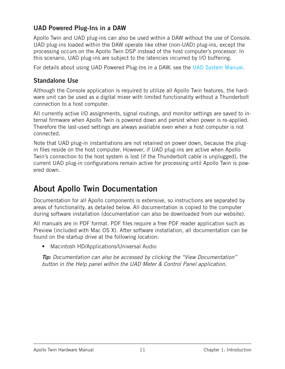 Uad powered plug-ins in a daw, Standalone use, About apollo twin documentation | Uad powered plug-ins in a daw standalone use | Universal Audio Apollo Twin User Manual | Page 11 / 46