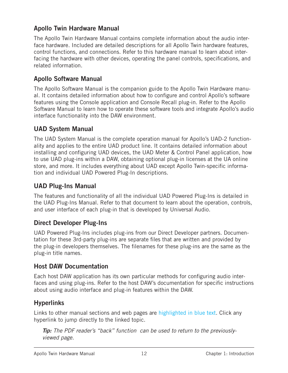 Apollo twin hardware manual, Apollo software manual, Uad system manual | Uad plug-ins manual, Direct developer plug-ins, Host daw documentation, Hyperlinks | Universal Audio Apollo Twin User Manual | Page 12 / 46