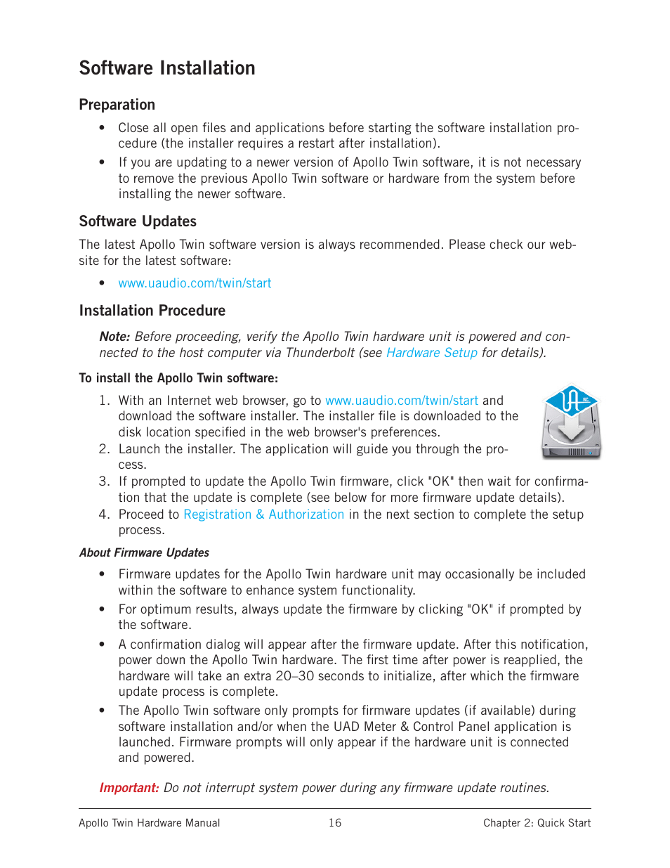 Software installation, Preparation, Software updates | Installation procedure | Universal Audio Apollo Twin User Manual | Page 16 / 46