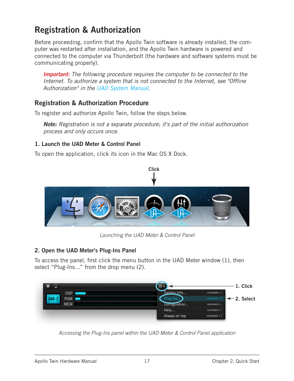 Registration & authorization, Registration & authorization procedure, Proceed to | In the next section to complete the setup | Universal Audio Apollo Twin User Manual | Page 17 / 46