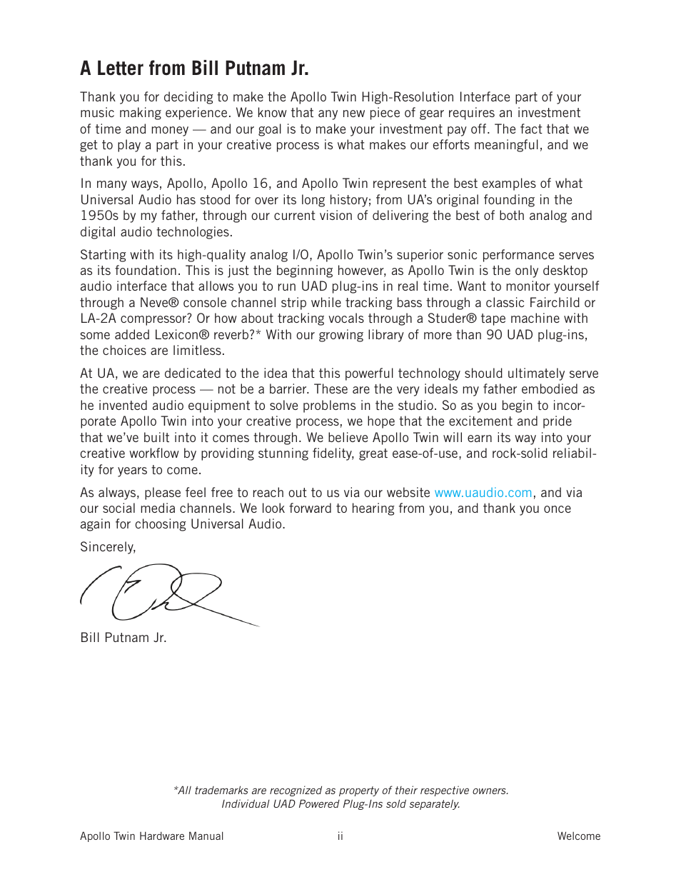 A letter from bill putnam jr | Universal Audio Apollo Twin User Manual | Page 2 / 46