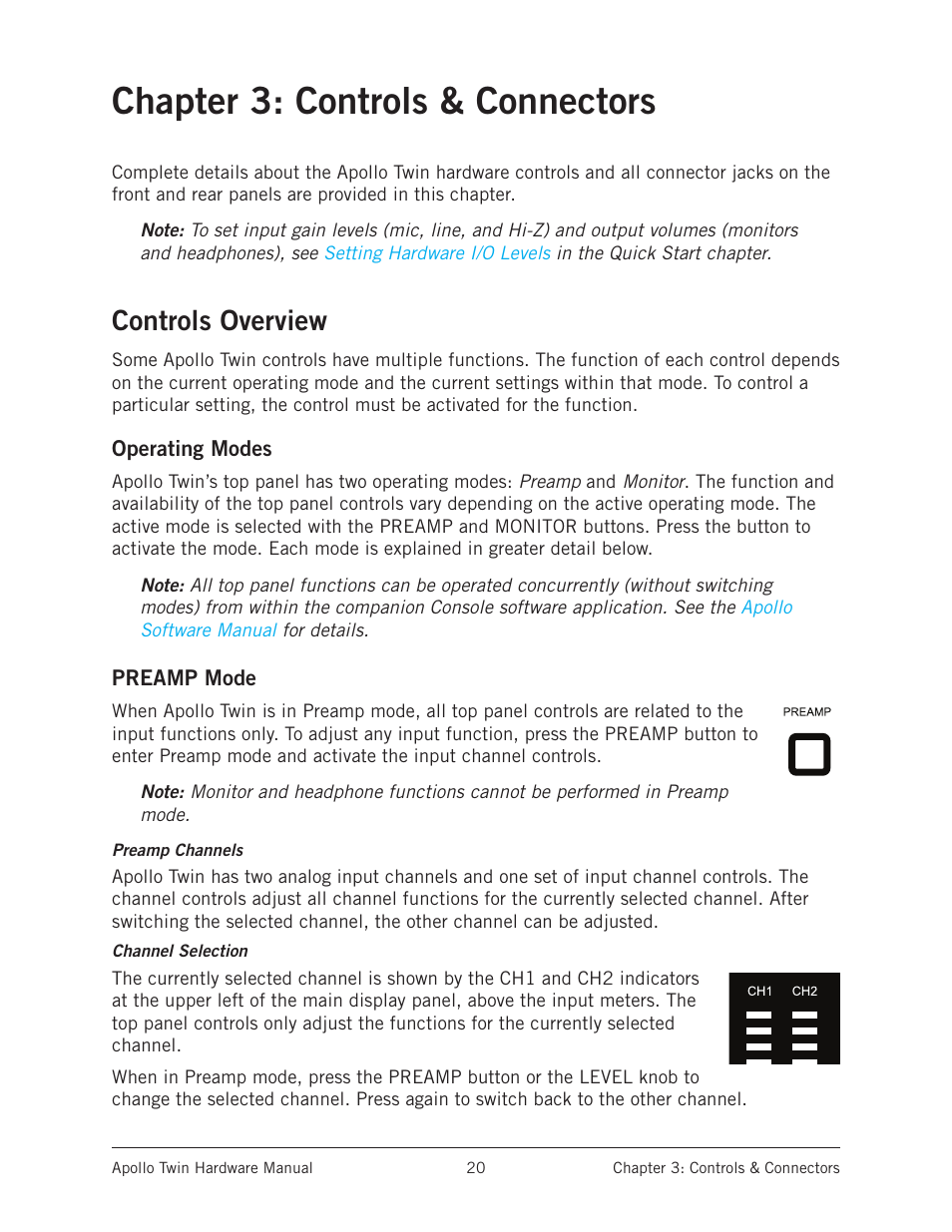 Chapter 3: controls & connectors, Controls overview, Operating modes | Preamp mode, Operating modes preamp mode | Universal Audio Apollo Twin User Manual | Page 20 / 46